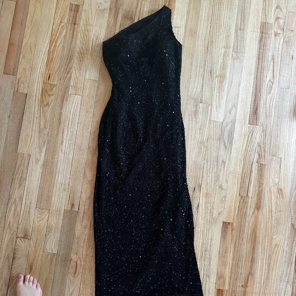 Fully Beaded Off The Shoulder Black Dress - Picture 2 of 6